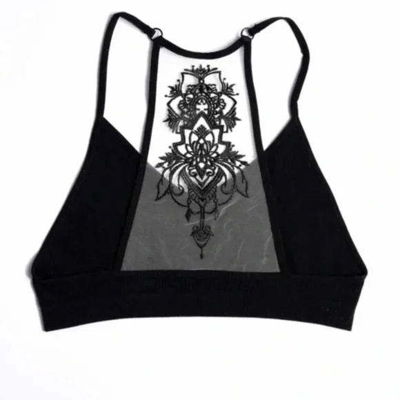 Black Boho Floral Lace Mesh Racerback Bralette - Picture 4 of 4